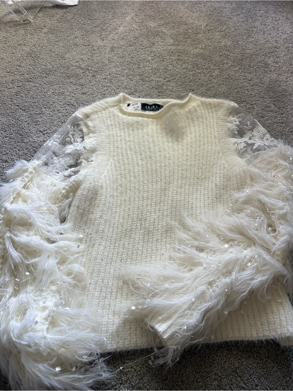 AKIRA Ivory Feather Trim & Lace Sleeve Crew Sweater
